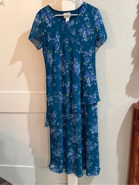 Kari New York Sz 14 Teal Floral Two-tiered Dress
